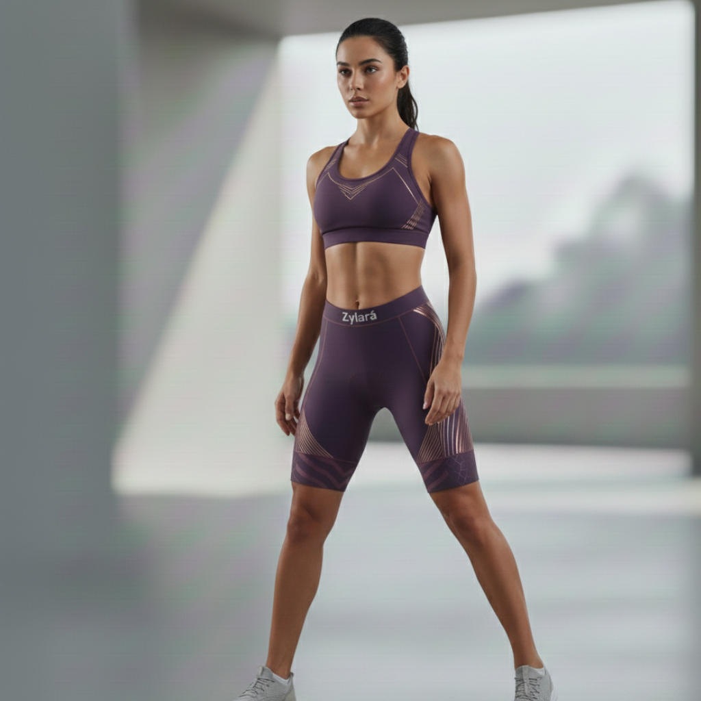 Zylará Velocity premium cycling shorts front view with female model