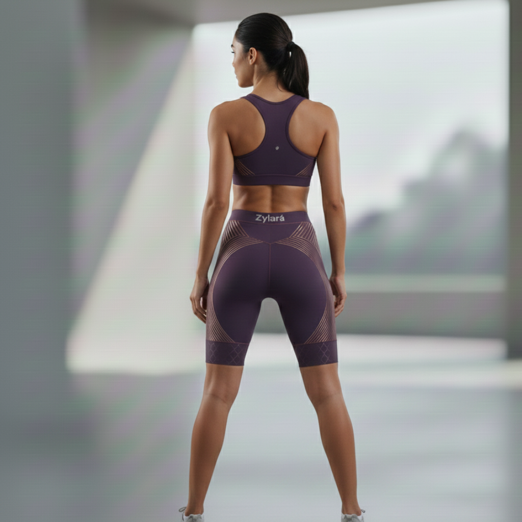 Zylará Velocity premium cycling shorts rear view with female model